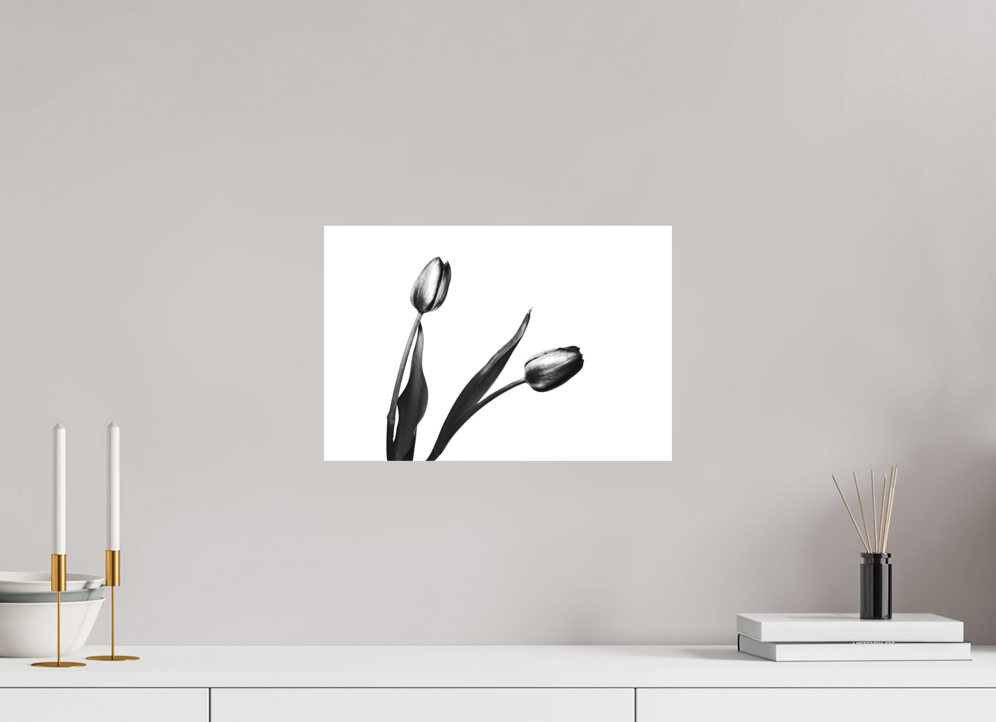 15 x 10″, -Textile Print on Stretcher Frame Pair of Tulips Black and White Fine Art Photograph